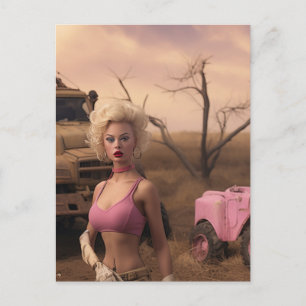 Carte Postale poupée blonde en rose post apocalyptique