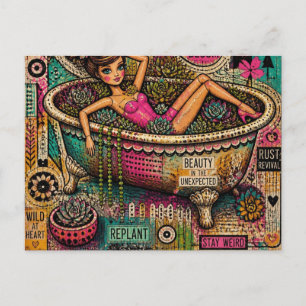 Carte Postale Poupée de collage d'art dans une baignoire de plan