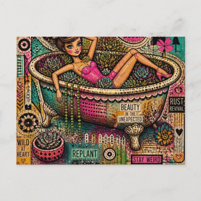 Carte Postale Poupée de collage d'art dans une baignoire de plan (Devant)