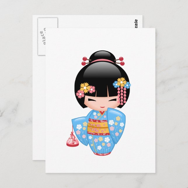 Carte Postale Poupée de Maiko Kokeshi - mignonne Geisha Girl (Devant / Derrière)