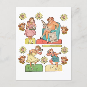 Carte Postale Poupée en papier découpée de famille de vache taur