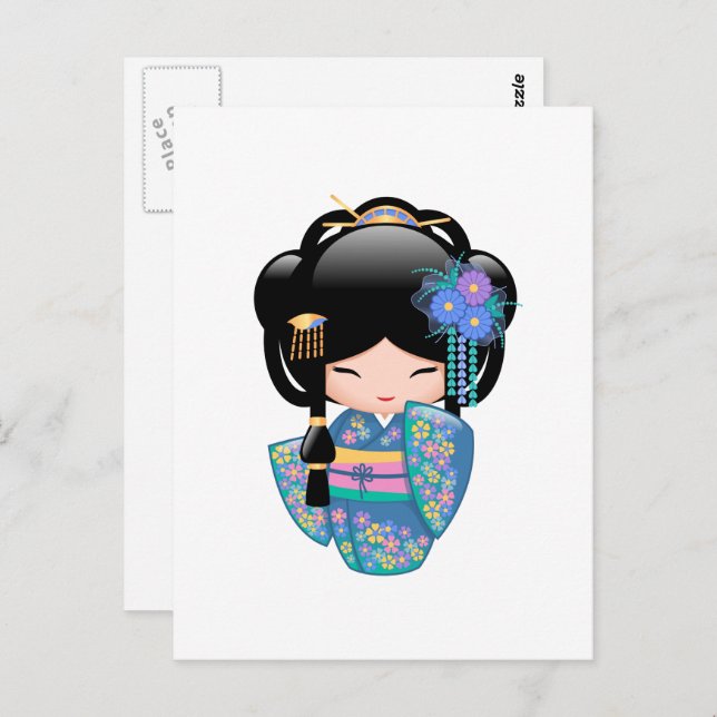 Carte Postale Poupée Keiko Kokeshi - Blue Kimono Geisha Girl (Devant / Derrière)
