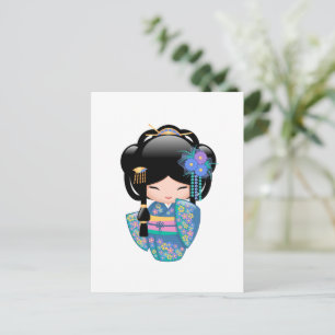 Carte Postale Poupée Keiko Kokeshi - Blue Kimono Geisha Girl