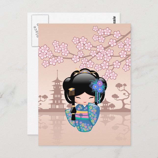 Carte Postale Poupée Keiko Kokeshi - Blue Kimono Geisha Girl (Devant / Derrière)