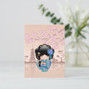 Carte Postale Poupée Keiko Kokeshi - Blue Kimono Geisha Girl