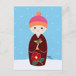Carte Postale Poupée Kokeshi avec Camellia
