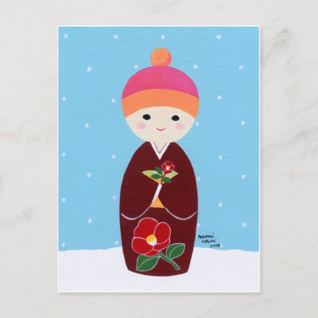 Carte Postale Poupée Kokeshi avec Camellia (Devant)