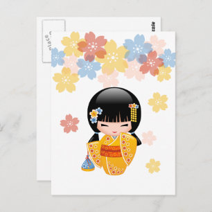 Carte Postale Poupée Kokeshi d'été - Kimono jaune Meilleurs voeu