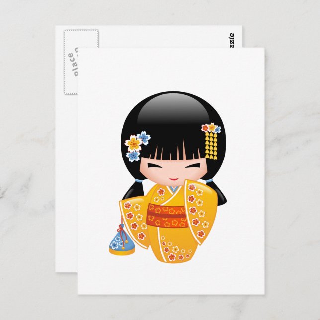 Carte Postale Poupée Kokeshi été - Kimono Jaune fille (Devant / Derrière)