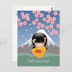 Carte Postale Poupée Kokeshi été - Kimono Jaune Voyage sécuritai