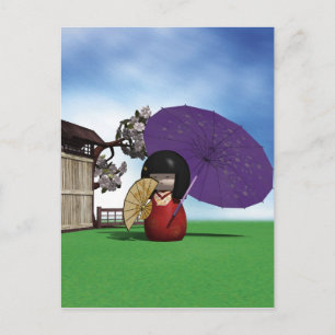 Carte Postale Poupée Kokeshi Japonaise Art Cerisier en Fleur