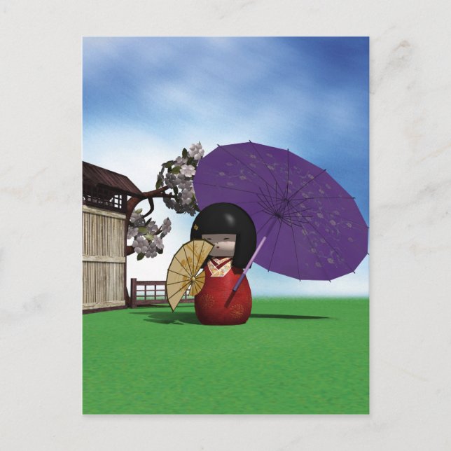 Carte Postale Poupée Kokeshi Japonaise Art Cerisier en Fleur (Devant)