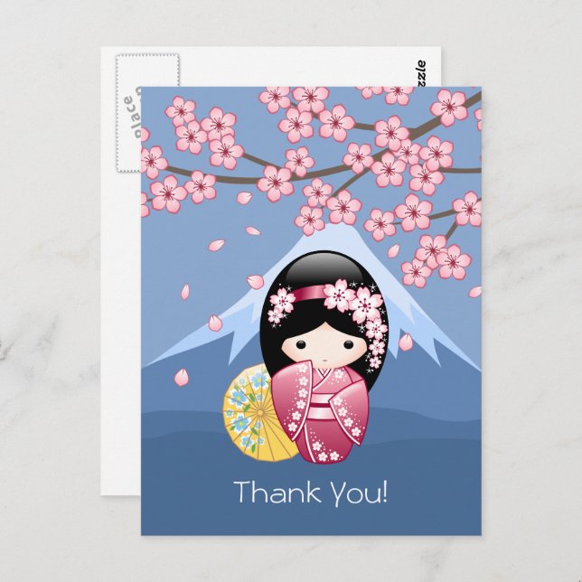 Carte Postale Poupée Kokeshi Printemps - Cute Geisha Japonaise s (Devant / Derrière)