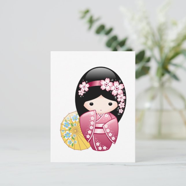Carte Postale Poupée Kokeshi Printemps - Japonaise Geisha Girl (Debout devant)