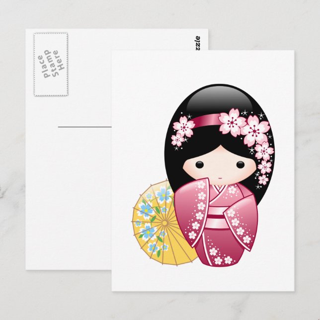 Carte Postale Poupée Kokeshi Printemps - Japonaise Geisha Girl (Devant / Derrière)