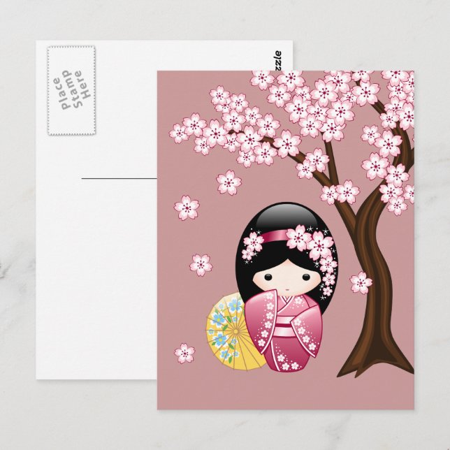 Carte Postale Poupée Kokeshi Printemps - Jolie Geisha Vous Manqu (Devant / Derrière)