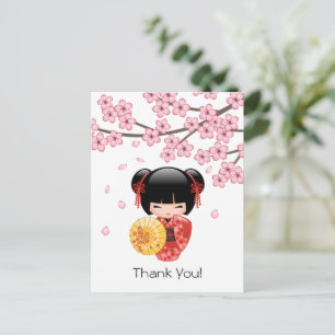 Carte Postale Poupée Kokeshi Sakura Rouge - Geisha Mignonne Merc