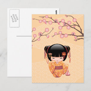 Carte Postale Poupée Kokeshi Ume - Fille Geisha du Japon aux fle