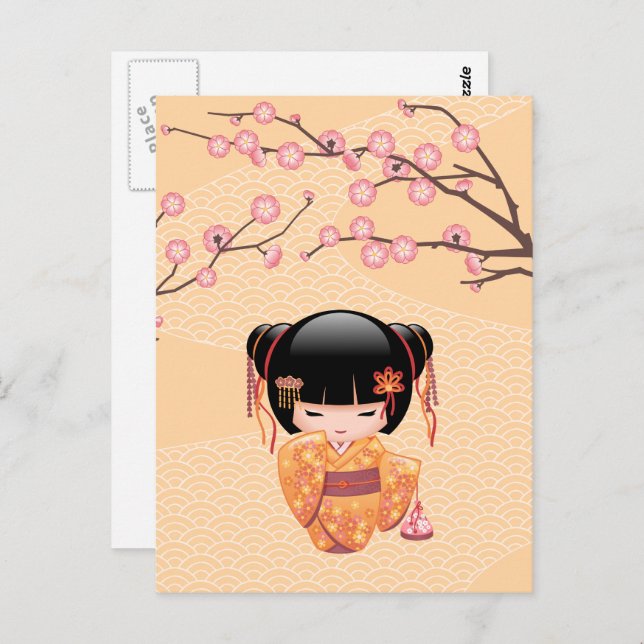 Carte Postale Poupée Kokeshi Ume - Fille Geisha du Japon aux fle (Devant / Derrière)
