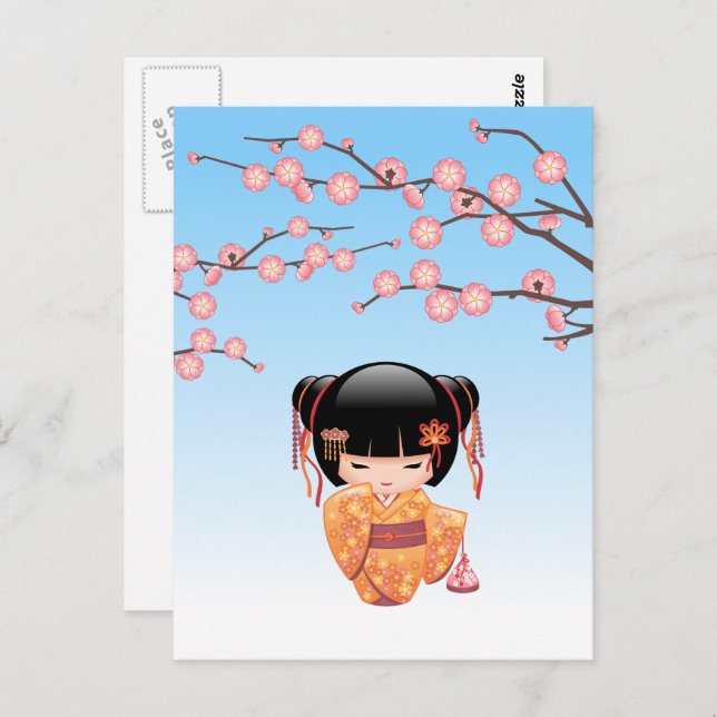 Carte Postale Poupée Kokeshi Ume - Fille Geisha Japonaise Bleue (Devant / Derrière)