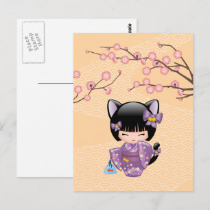 Carte Postale Poupée Neko Kokeshi - Fille Geisha aux Oreilles de