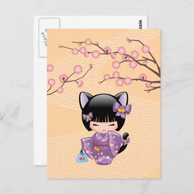 Carte Postale Poupée Neko Kokeshi - Fille Geisha aux Oreilles de (Devant / Derrière)
