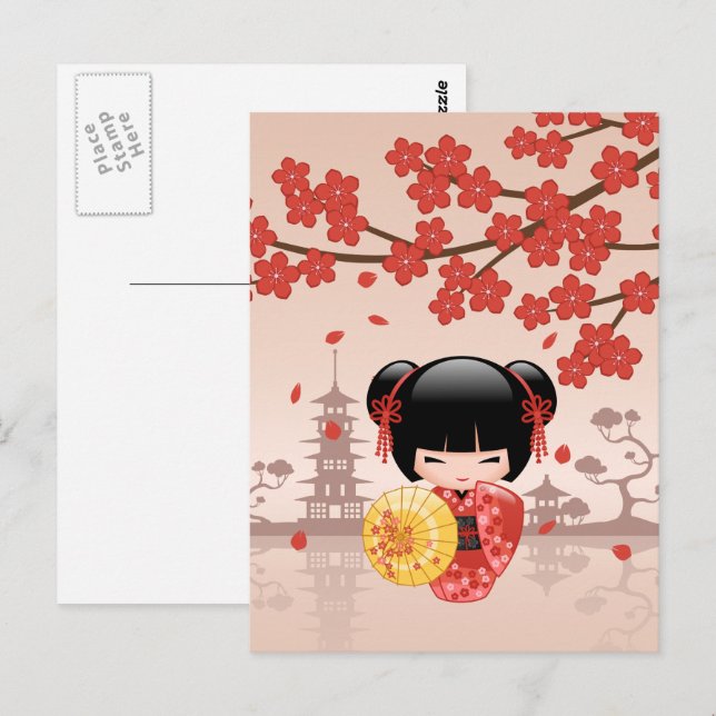 Carte Postale Poupée rouge Sakura Kokeshi - Geisha japonais (Devant / Derrière)