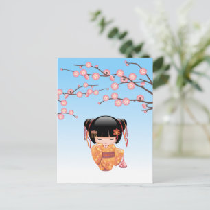 Carte Postale Poupée Ume Kokeshi - Japonaise Geisha Girl Blue