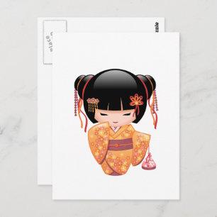 Carte Postale Poupée Ume Kokeshi - Japonaise Pêche Geisha Girl