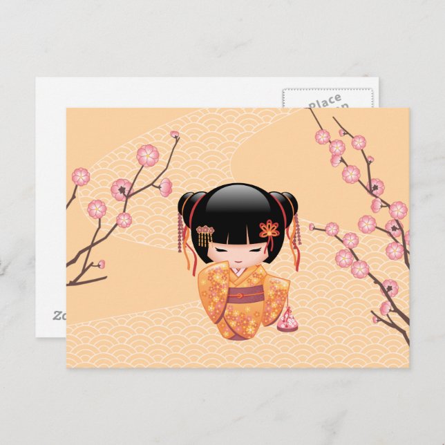 Carte Postale Poupée Ume Kokeshi - Japonaise Pêche Geisha Girl (Devant / Derrière)