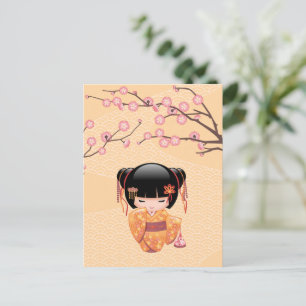 Carte Postale Poupée Ume Kokeshi - Japonaise Pêche Geisha Girl