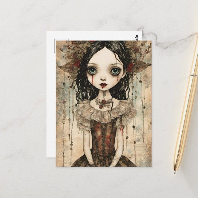 Carte Postale Poupée vampire mignonne en techniques mixtes (Devant/Arrière en situation)