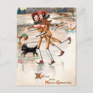 Carte Postale Poupées de Noël à patins en bois victorien vintage
