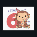 Carte postale pour les 6 ans d'un enfant - Singe<br><div class="desc">Un singe qui fête son sixième anniversaire pour la fête d'anniversaire. Les singes sont des animaux mignons et l'animal préféré de nombreux garçons et filles. Que ce soit un garçon ou une fille,  un animal pour les six ans.</div>