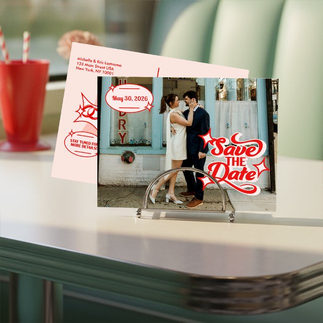 Carte postale pour sauvegarder la date du dîner ré (Retro Diner Wedding Save The Date )
