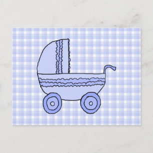 Carte Postale Poussette bébé. Bleu clair sur Motif chèque.
