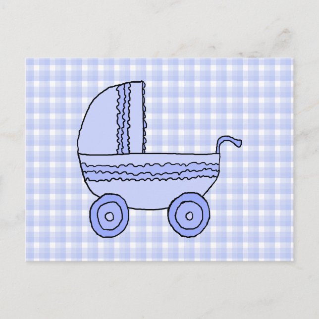 Carte Postale Poussette bébé. Bleu clair sur Motif chèque. (Devant)