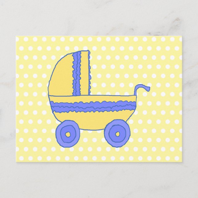 Carte Postale Poussette de bébé jaune et bleu. (Devant)