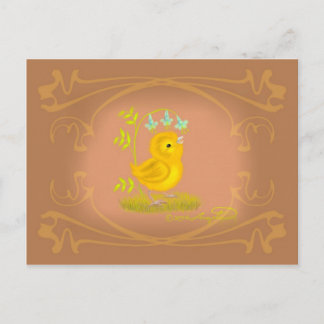 Carte postale Poussin jaune avec fleurs de jacinth