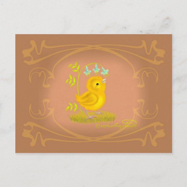 Carte postale Poussin jaune avec fleurs de jacinth (Devant)