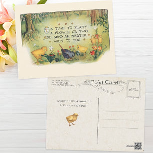 Carte Postale Poussins de Pâques vintages dans le jardin avec po
