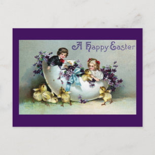 Carte Postale Poussins, enfants, violettes et cru géant de