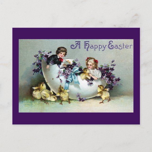 Carte Postale Poussins, enfants, violettes et cru géant de (Devant)