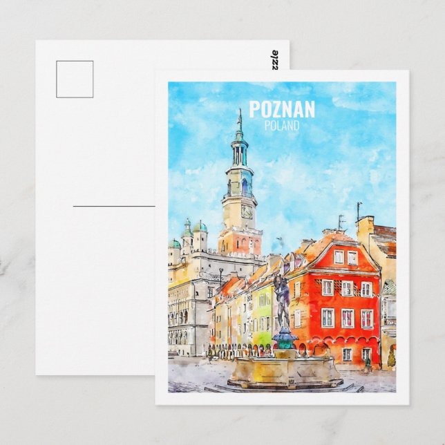 Carte Postale Poznan Pologne Fameux Voyage Aquarelle croquis (Devant / Derrière)