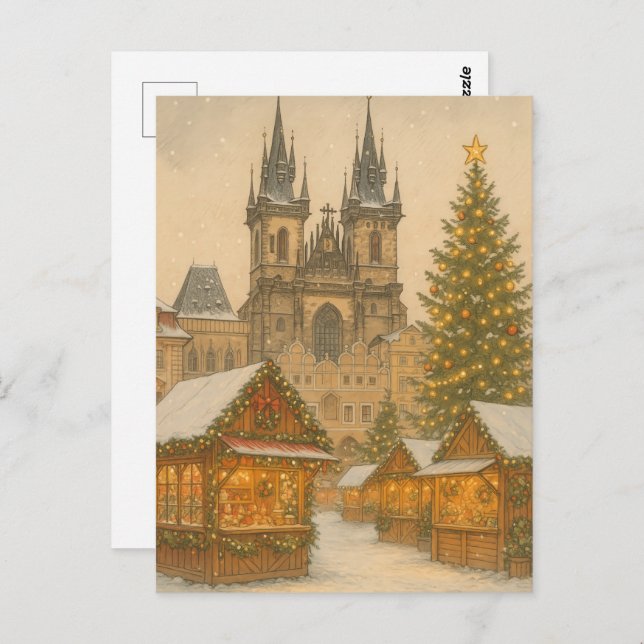 Carte Postale Prague Christmas Holiday Art Postcard – Winter  (Devant / Derrière)