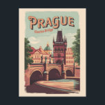 Carte Postale Prague République tchèque Travel Art Vintage<br><div class="desc">Design de voyage vectoriel rétro Prague. Prague,  capitale de la République tchèque,  est divisée par la rivière Vltava. Surnommée "la Ville des Cent Spires",  elle est connue pour son Carré de la Vieille Ville.</div>