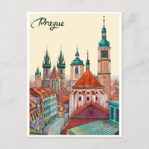 Carte Postale Prague République tchèque Voyage illustration Vint
