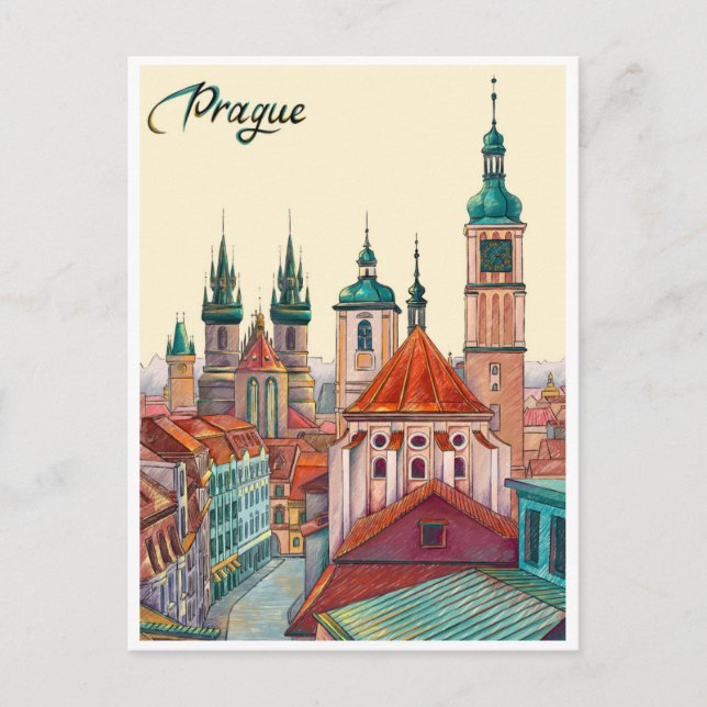 Carte Postale Prague République tchèque Voyage illustration Vint (Devant)