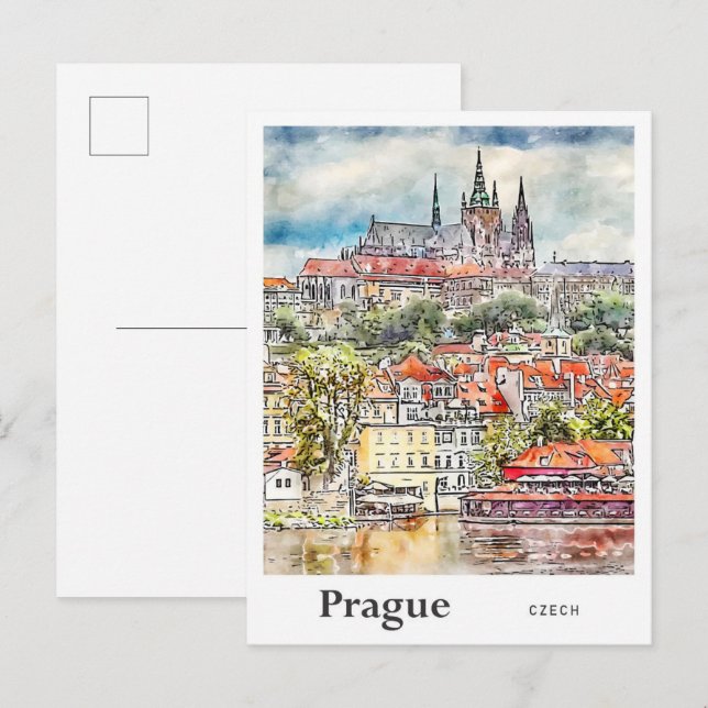 Carte Postale Prague Tchèque Aquarelle Sketch Main (Devant / Derrière)