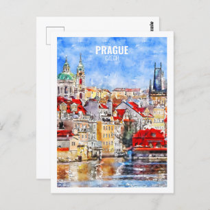 Carte Postale Prague Tchèque célèbre Voyage aquarelle croquis